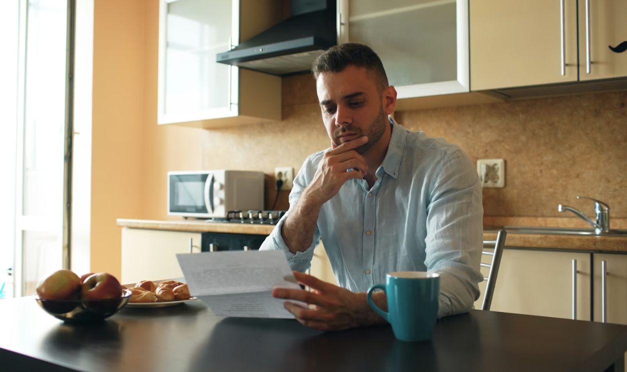 Man reading a document in a kitchen