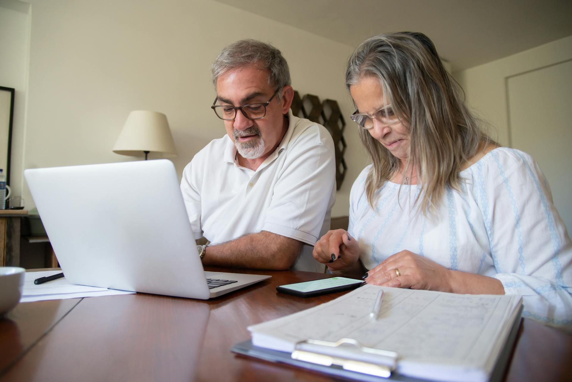 Elder man and woman using laptop