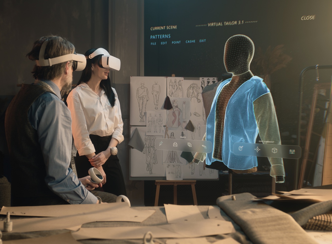 Tailor and female customer put VR goggles in atelier workshop