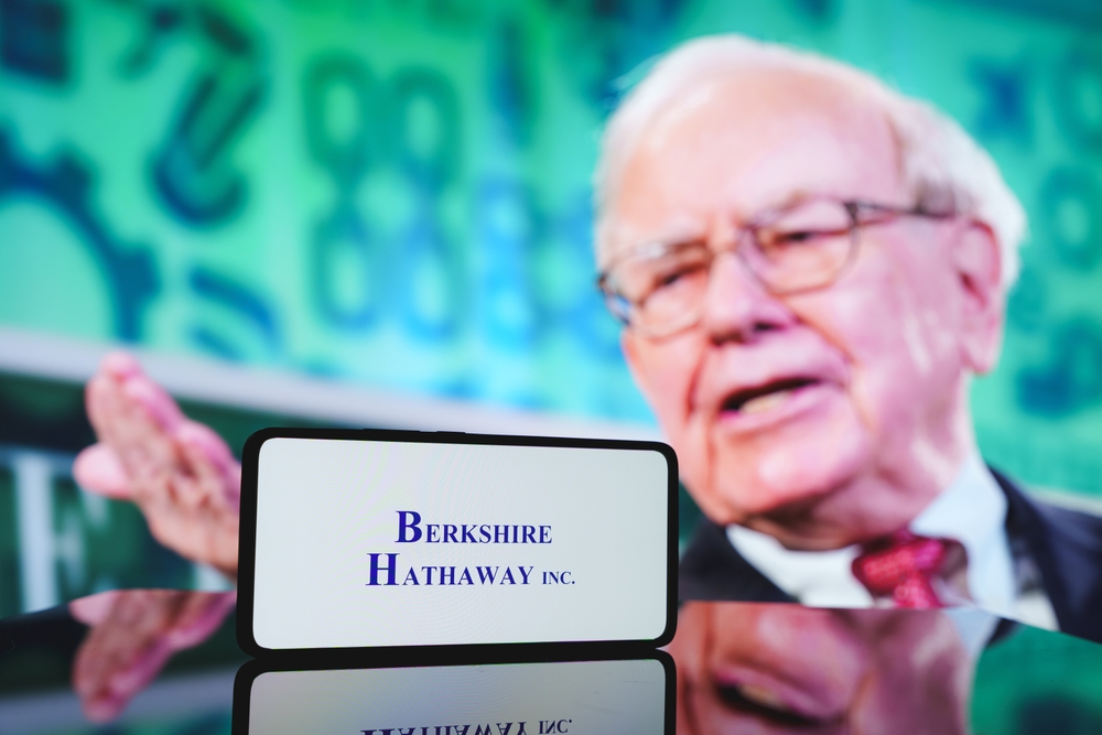 Berkshire Hathaway company and Warren Buffett in background.