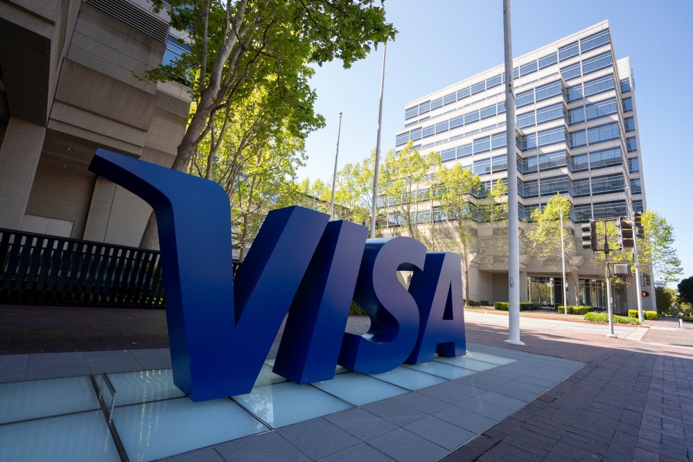 Closeup of the giant VISA logo at Headquarters campus in Foster City, California