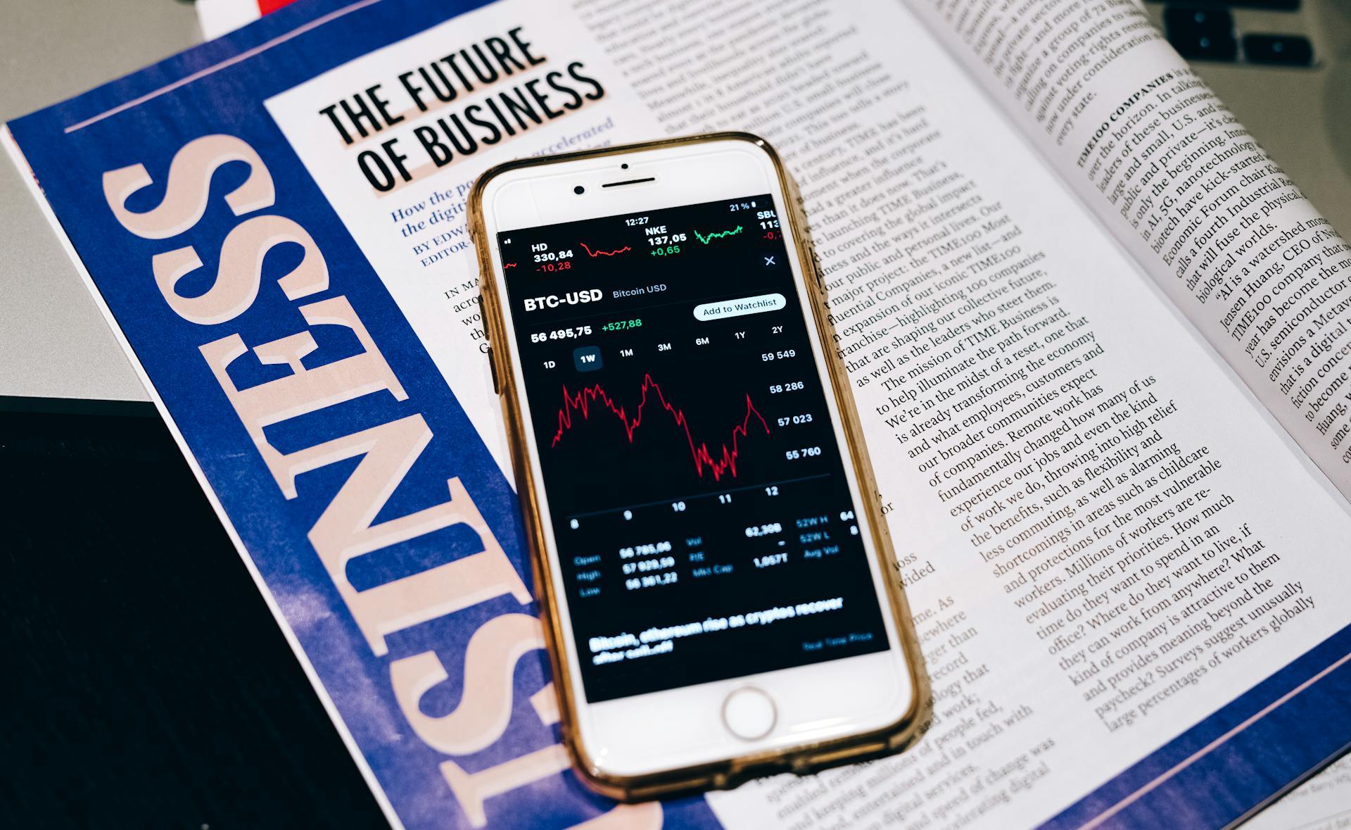 Smartphone on White and Blue Magazine