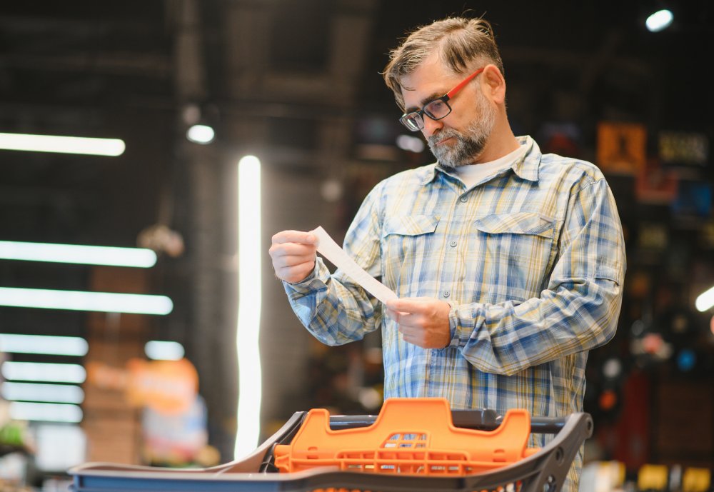 Minded man viewing receipts in supermarket and tracking prices