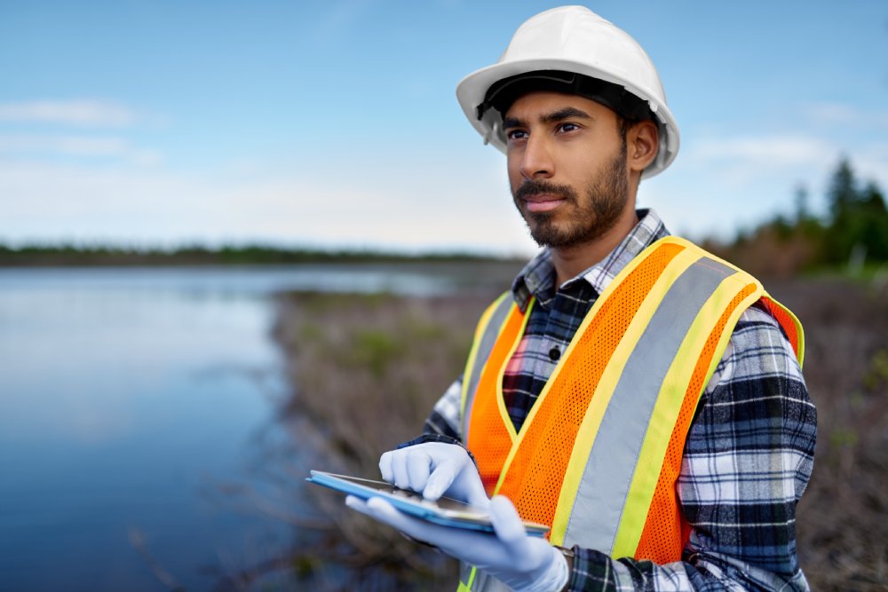 Portrait Photo of Marine biologist analyzing water test results on a tablet