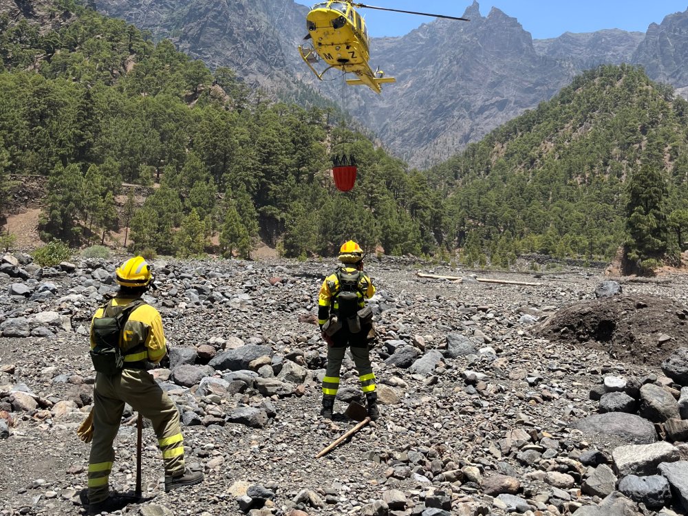 Portrait Photo of Wildland firefighters watching turning helicopter at wildfire
