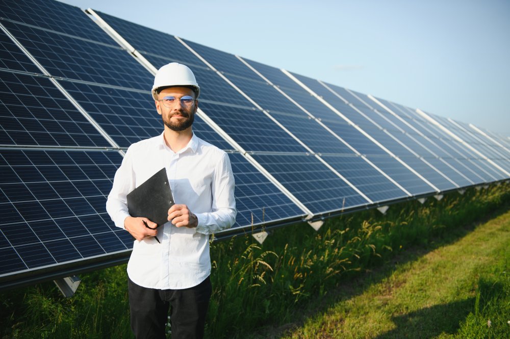 Positive bearded male standing against photovoltaic panels