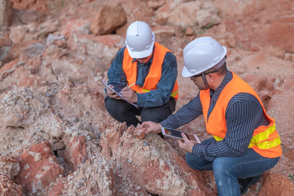 Portrait Photo of Explorers collect soil samples to look for minerals