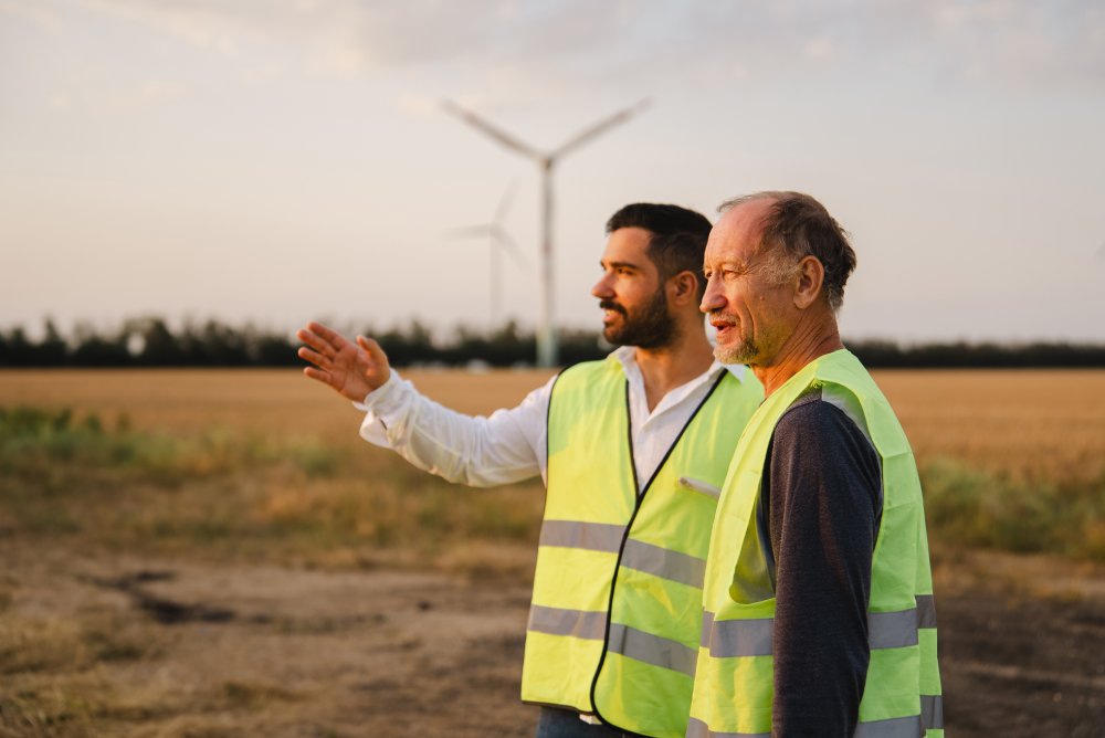Man points to his chief with hand at a wind turbine park