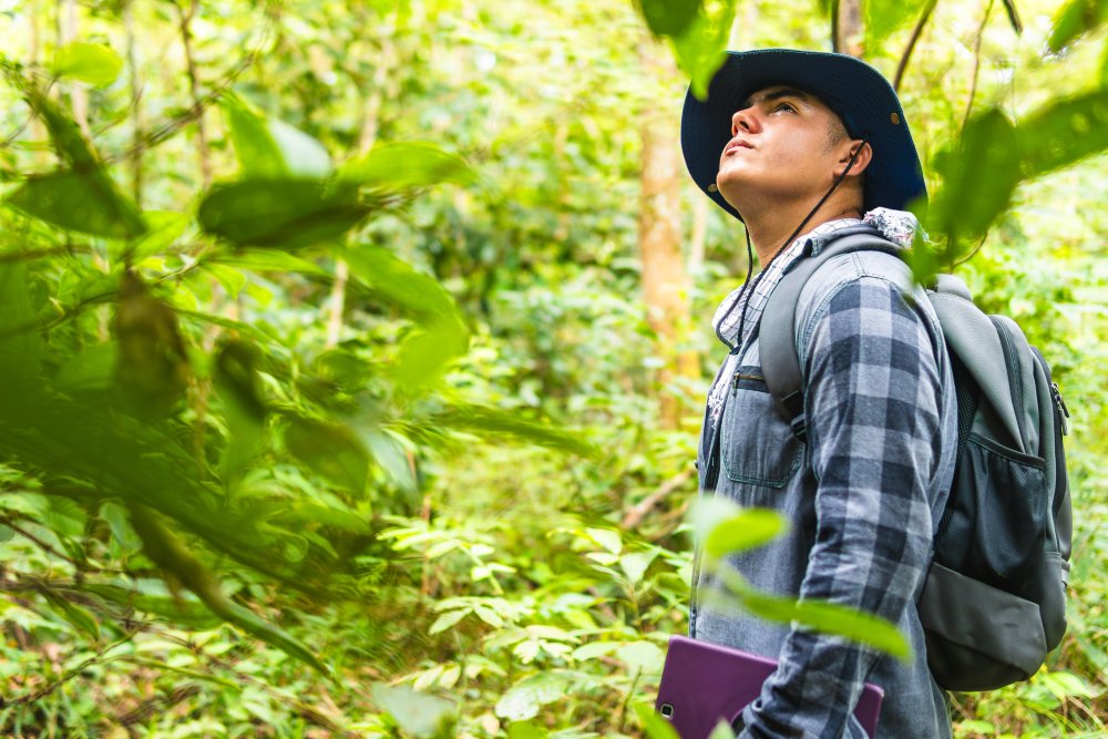 Biologist with a bag and a tablet, looking up at the upper parts of a forest