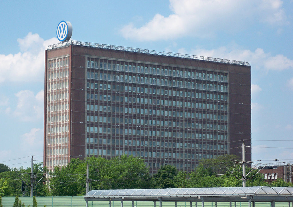 The image shows the corporate headquarters or office building of Volkswagen Group Company