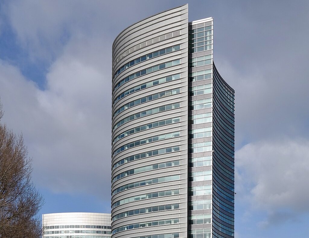 The image shows the corporate headquarters or office building of Stellantis Company