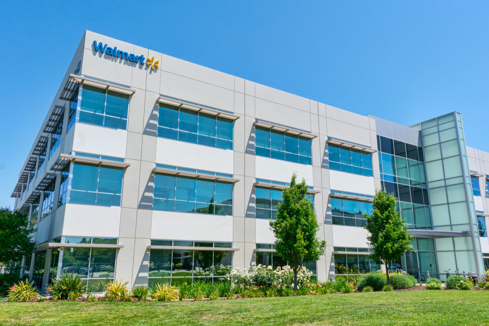 Walmart logo on facade of Walmart Labs office building in Silicon Valley