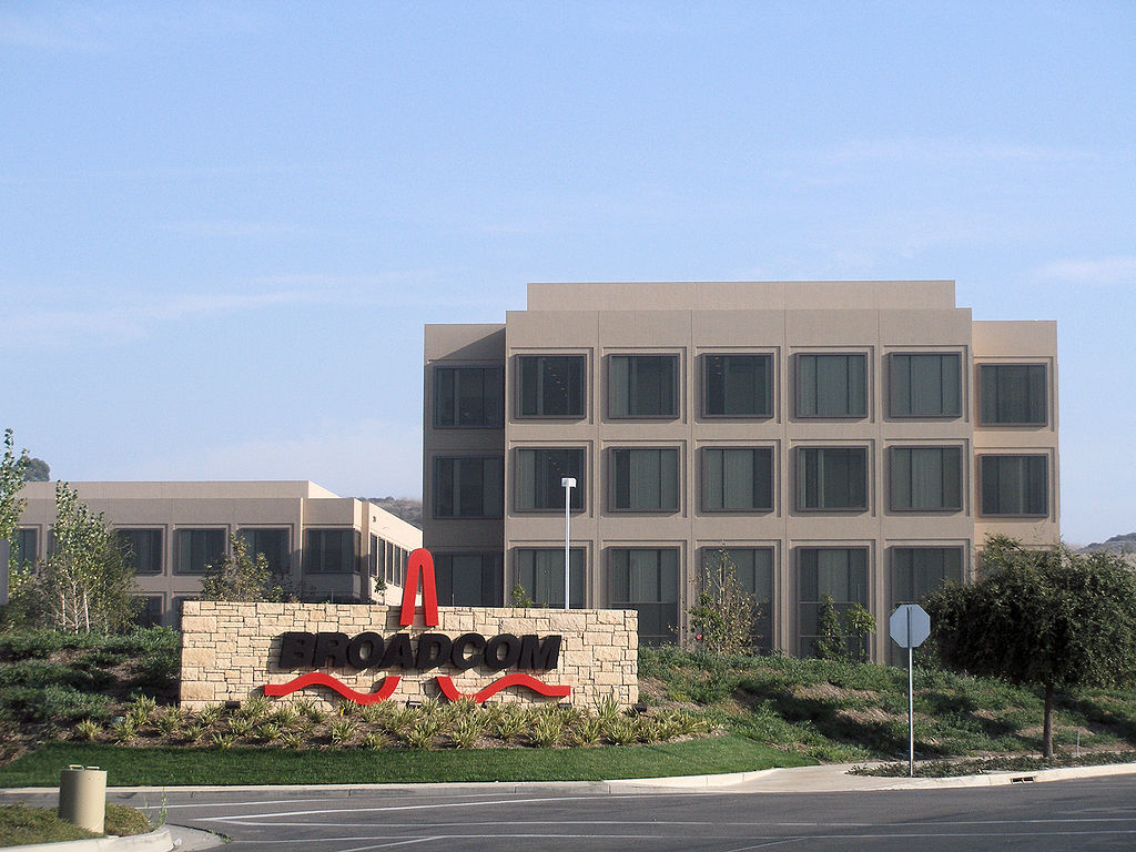 The image shows the corporate headquarters or office building of Broadcom Company