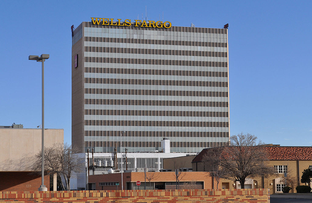 The image shows the corporate headquarters or office building of Wells Fargo Company