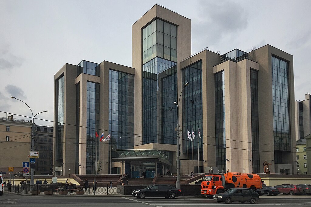 The image shows the corporate headquarters or office building of Lukoil Company