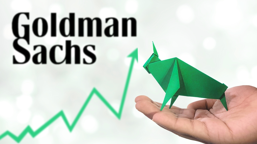 Goldman Sachs Stock Uptrend with Selective Focus on green origami Bull.