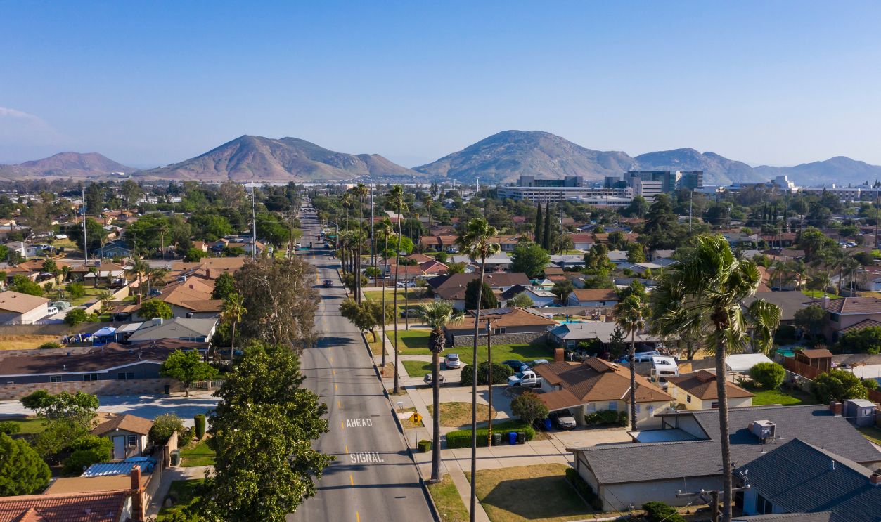Daytime aerial view of the city center of Fontana, California.