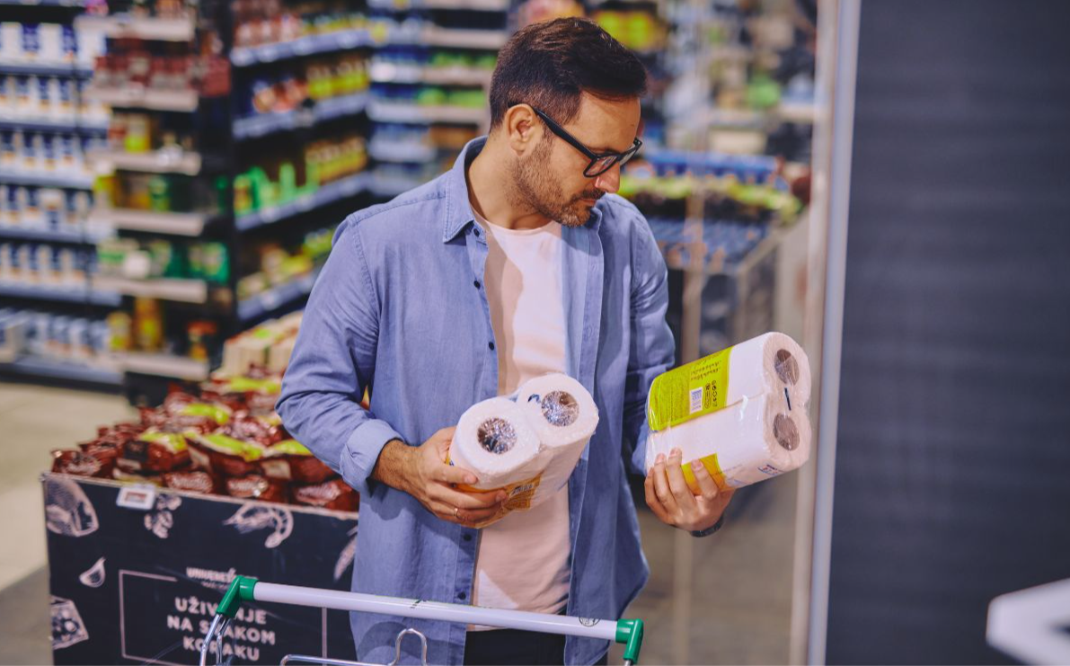 A Caucasian man buying and choosing toilet paper at supermarket.