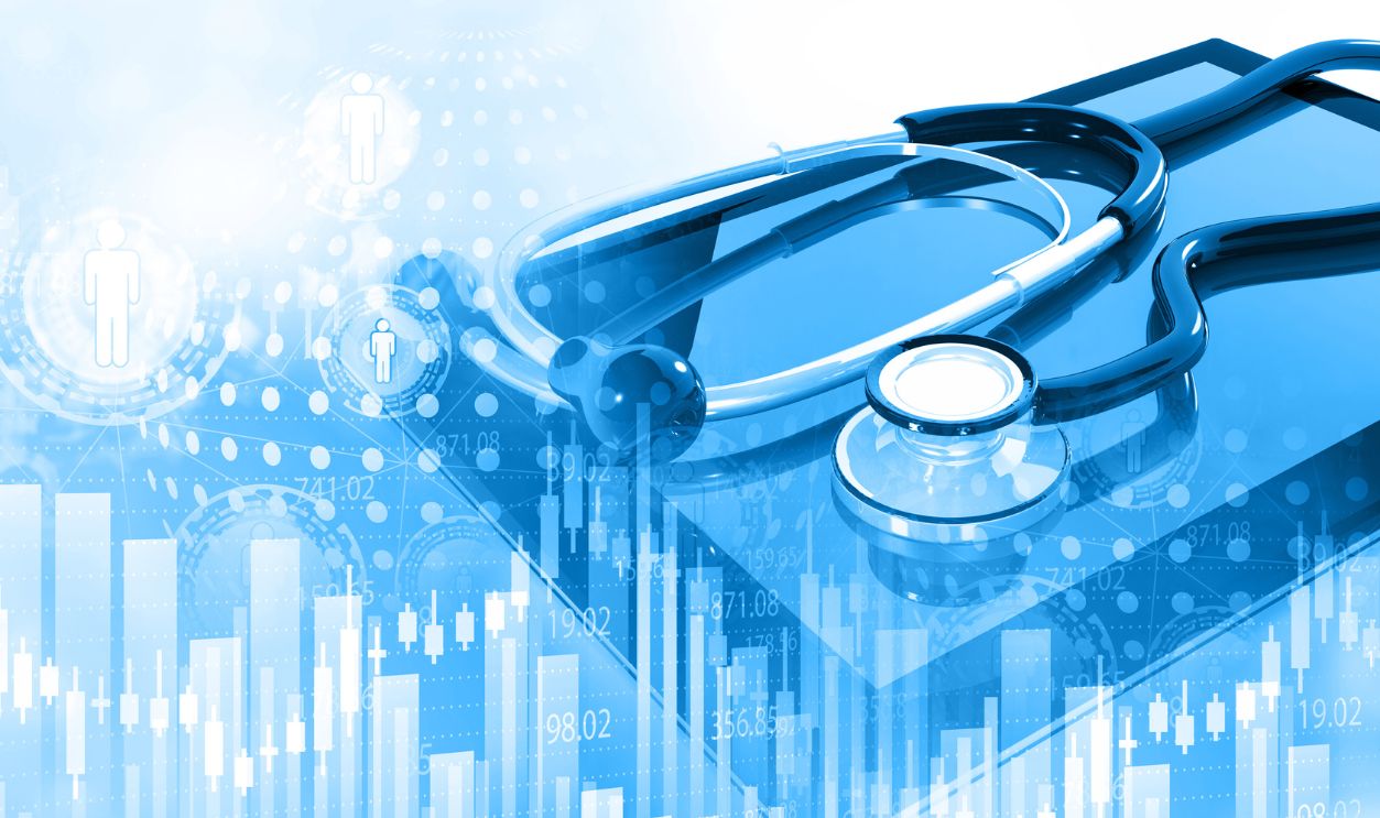 Medical industry stock market graph chart. Stethoscope with stock market graph. 3d illustration