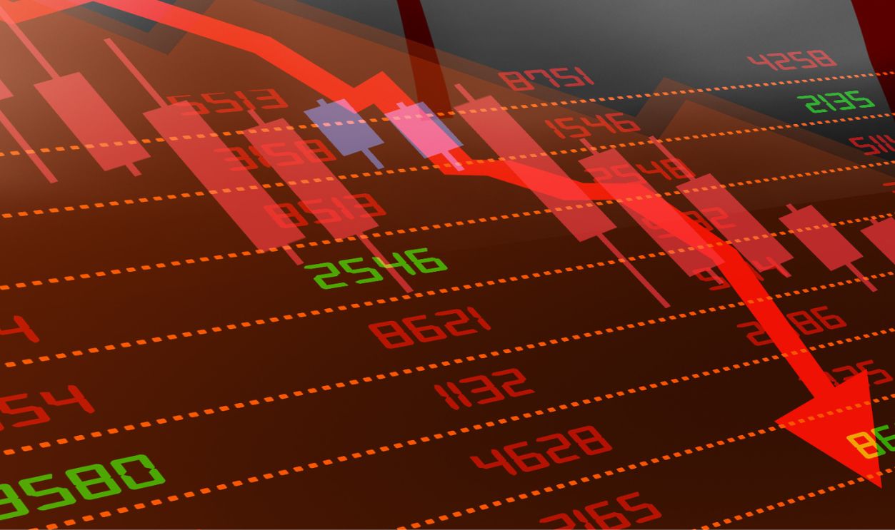 Canada economic downturn with stock exchange market showing stock chart down and in red negative territory. Business and financial money market crisis concept.