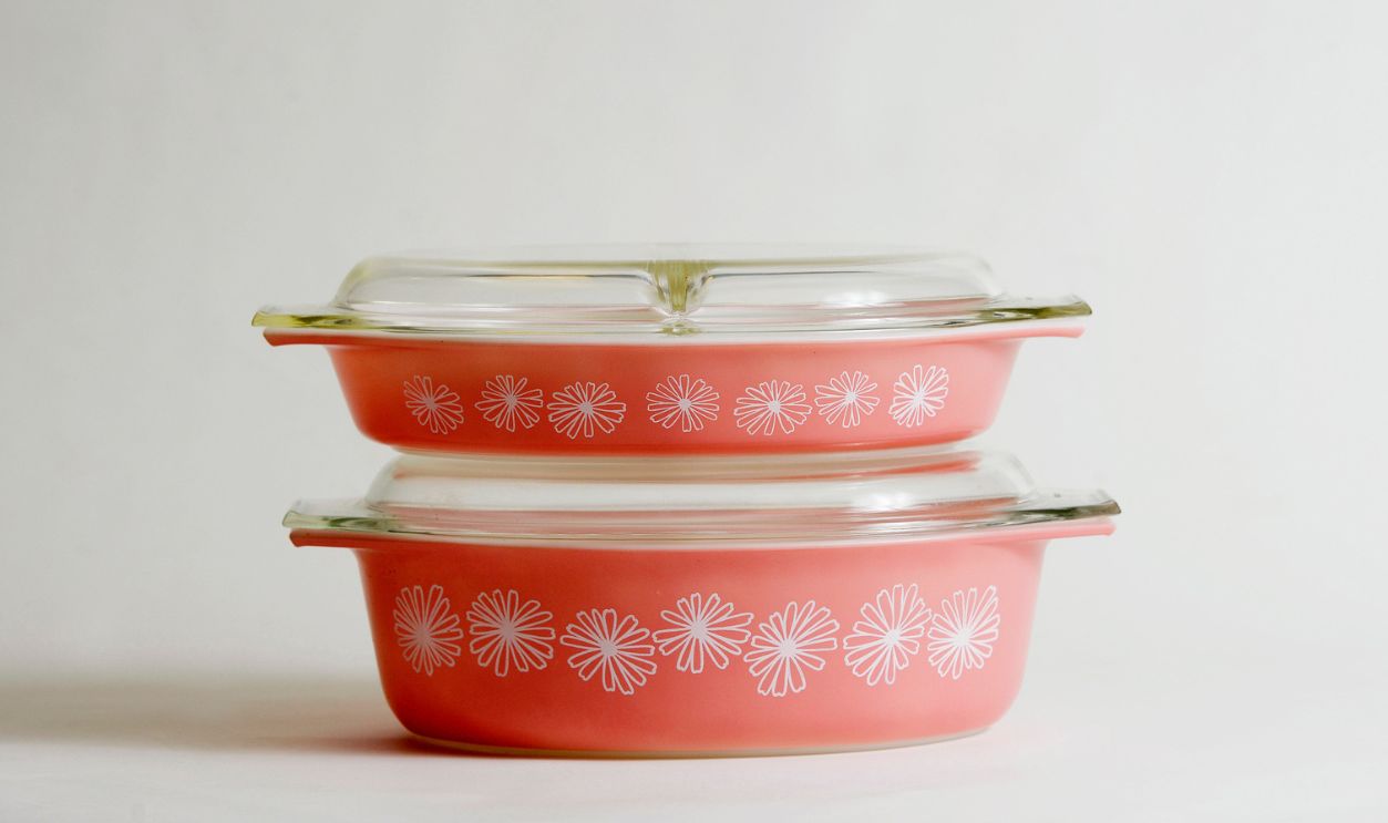 Pyrex Pink Daisy casserole dishes were first released in 1956. Monday, October 6, 2014.