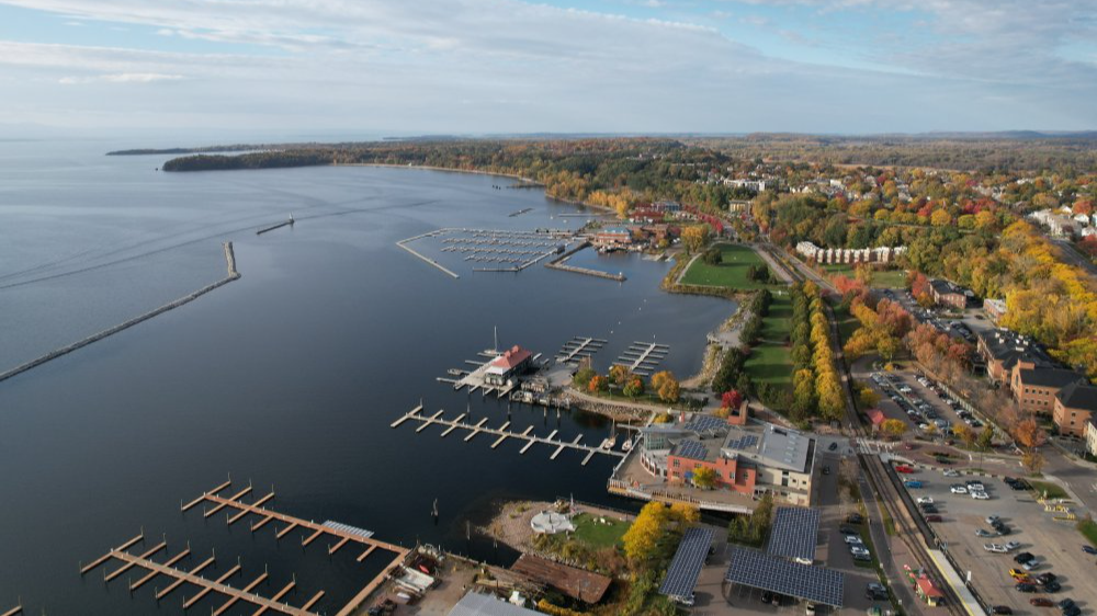 Vibrant urban scene of Burlington, Vermont captured from a high vantage point