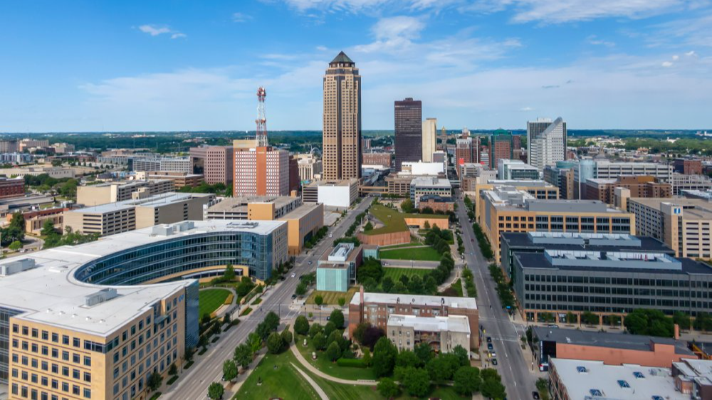 Vibrant urban scene of Des Moines, Iowa captured from a high vantage point