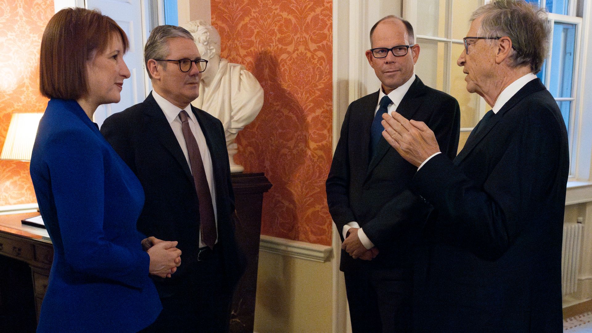 File:Prime Minister Keir Starmer and Chancellor Rachel Reeves meet with Bill Gates and CEO of the Bill & Melinda Gates Foundation Mark Suzman at 10 Downing Street, London, UK on 17 October 2024 - 1.jpg