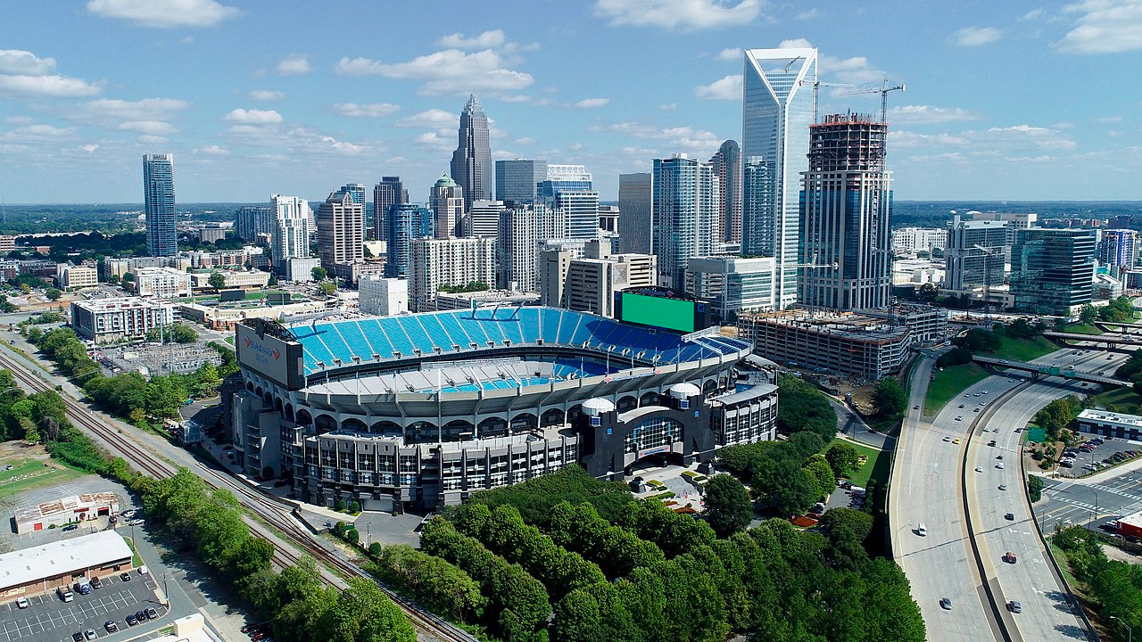 Downtown Charlotte, North Carolina from the west, with Bank of America Stadium in the foreground