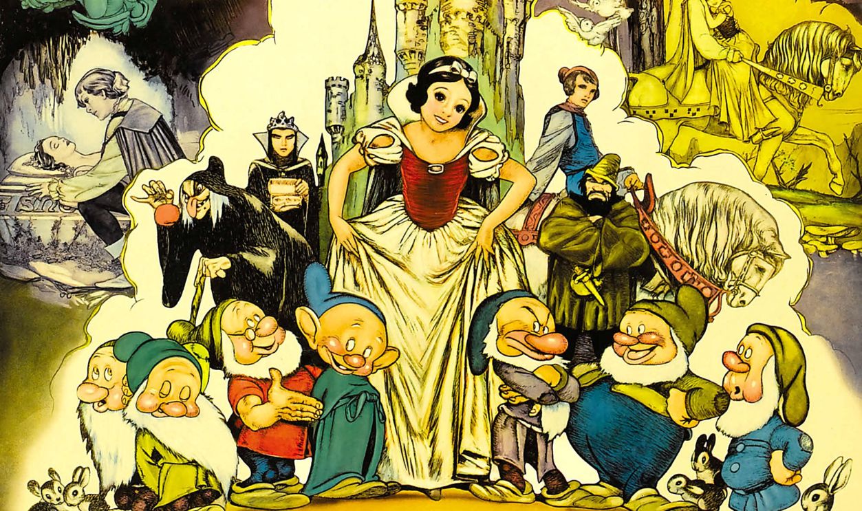 Snow White And The Seven Dwarfs, poster, foreground, dwarfs from left: Bashful, Sleepy, Doc, Dopey, Grumpy, Happy, Sneezy; foreground full color figures from left: Wicked Witch, Queen, Snow White, Prince Charming, Huntsman, 1937.