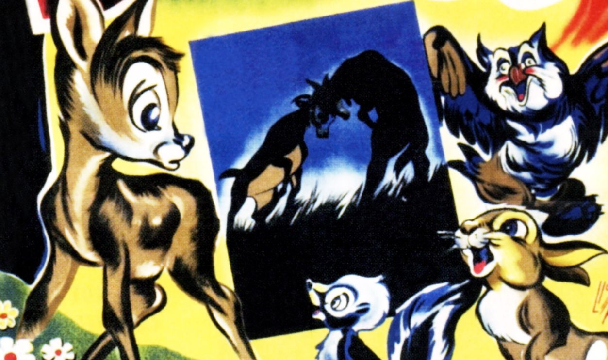 Bambi, poster, top right: , bottom from left: , Flower, Thumper, Friend Owl on Spanish poster art, 1942. 