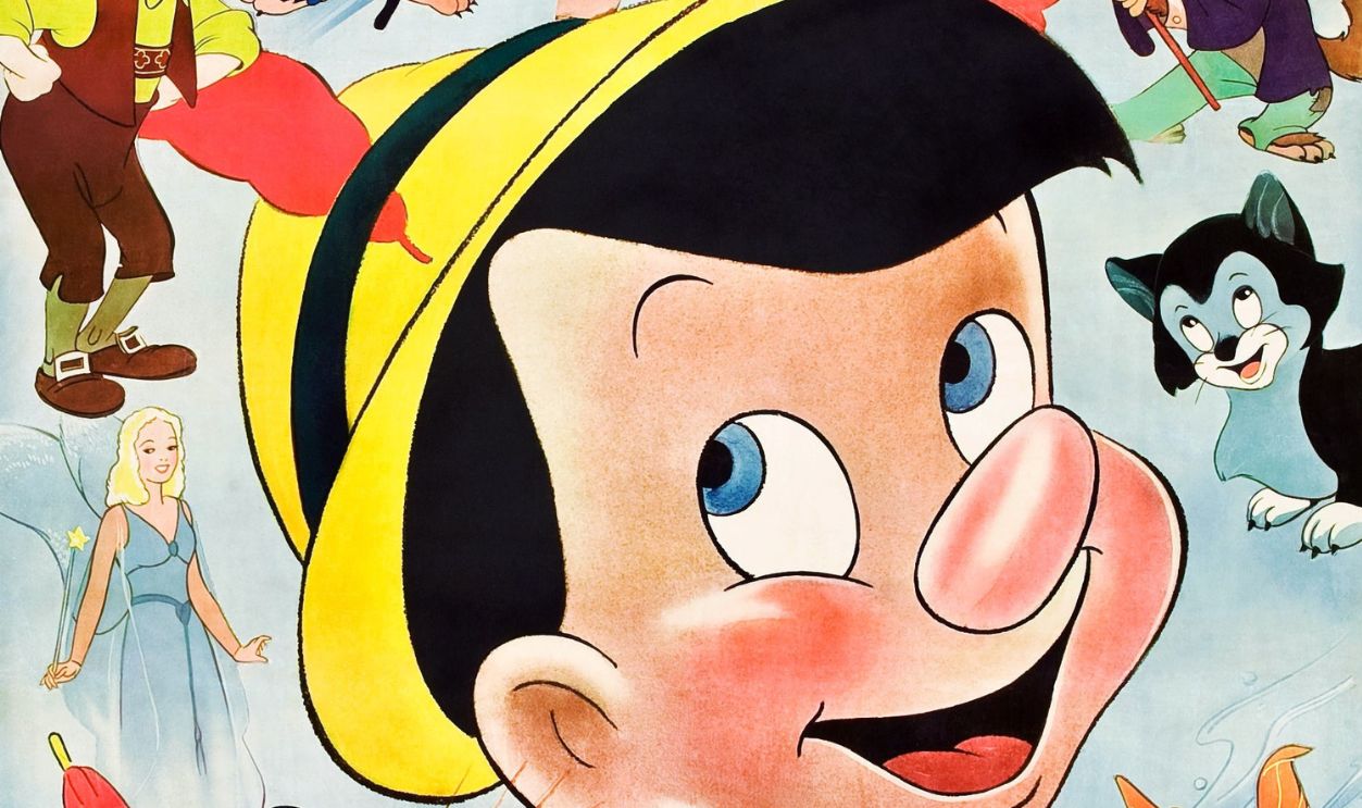 Pinocchio, poster, center: ; clockwise from lower left: Jiminy Cricket, The Blue Fairy, Geppetto, Stromboli, Gideon, Lampwick, The Coachman, Honest John (aka J. Worthington Foulfellow), Figaro, Cleo, 1940. 