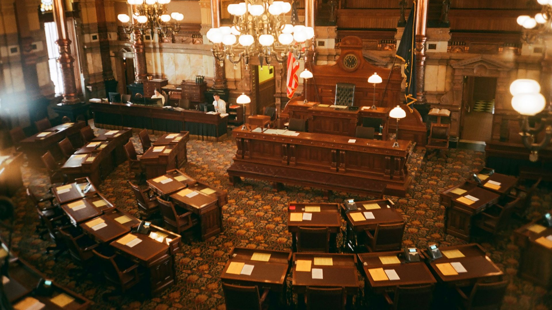 a view of a large room with a lot of desks