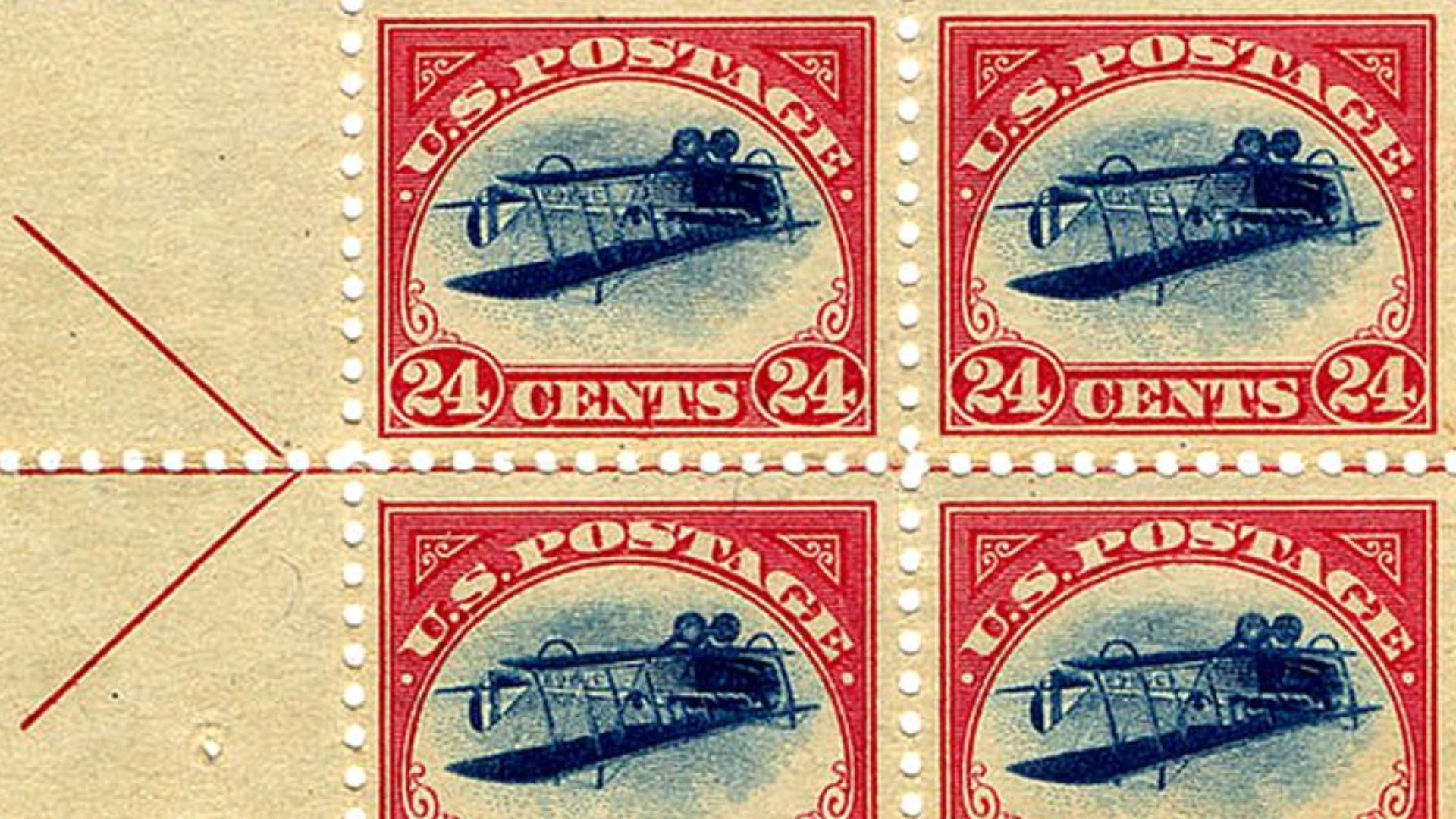File:Inverted Jenny 24c airmail issue of 1918, center-line block.jpg