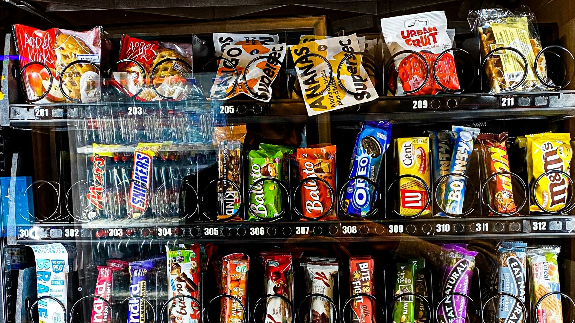 assorted food packs on shelf