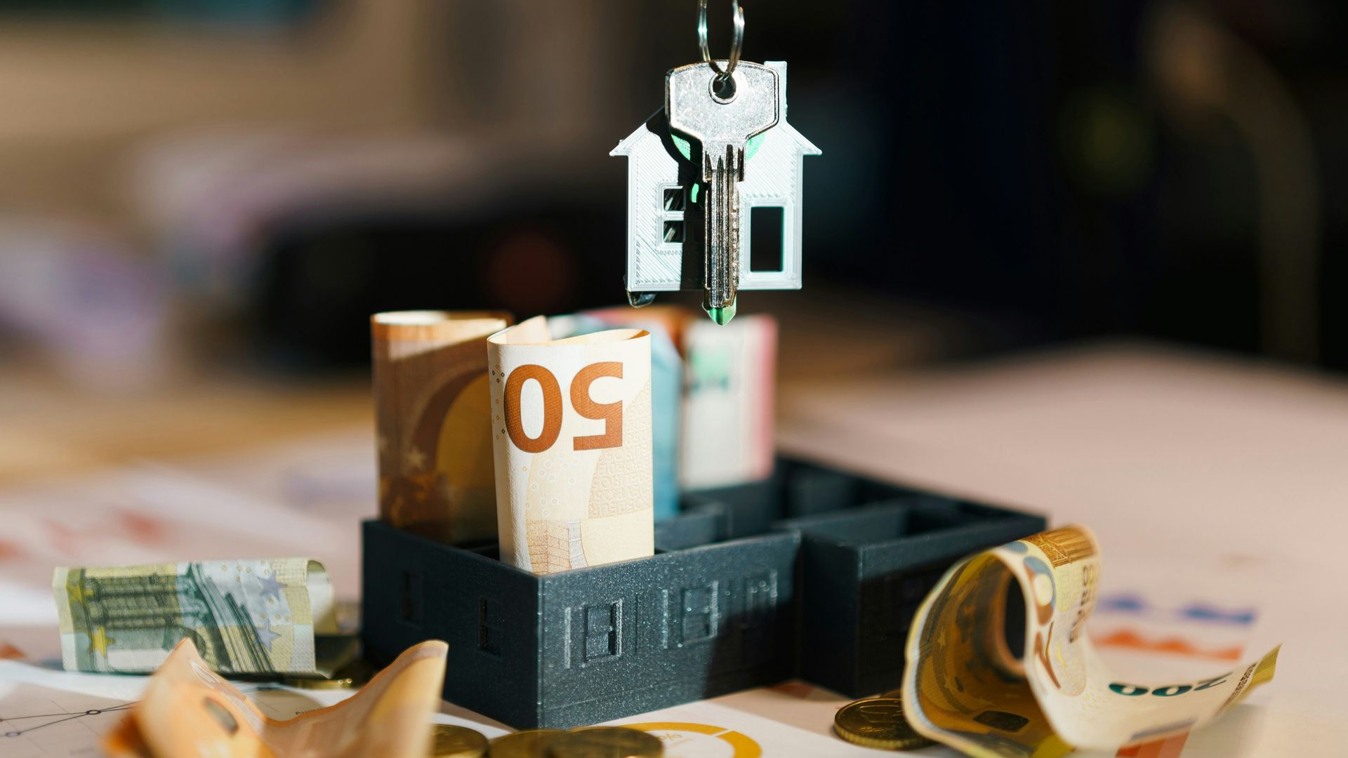 A house hanging from a string on top of a pile of money