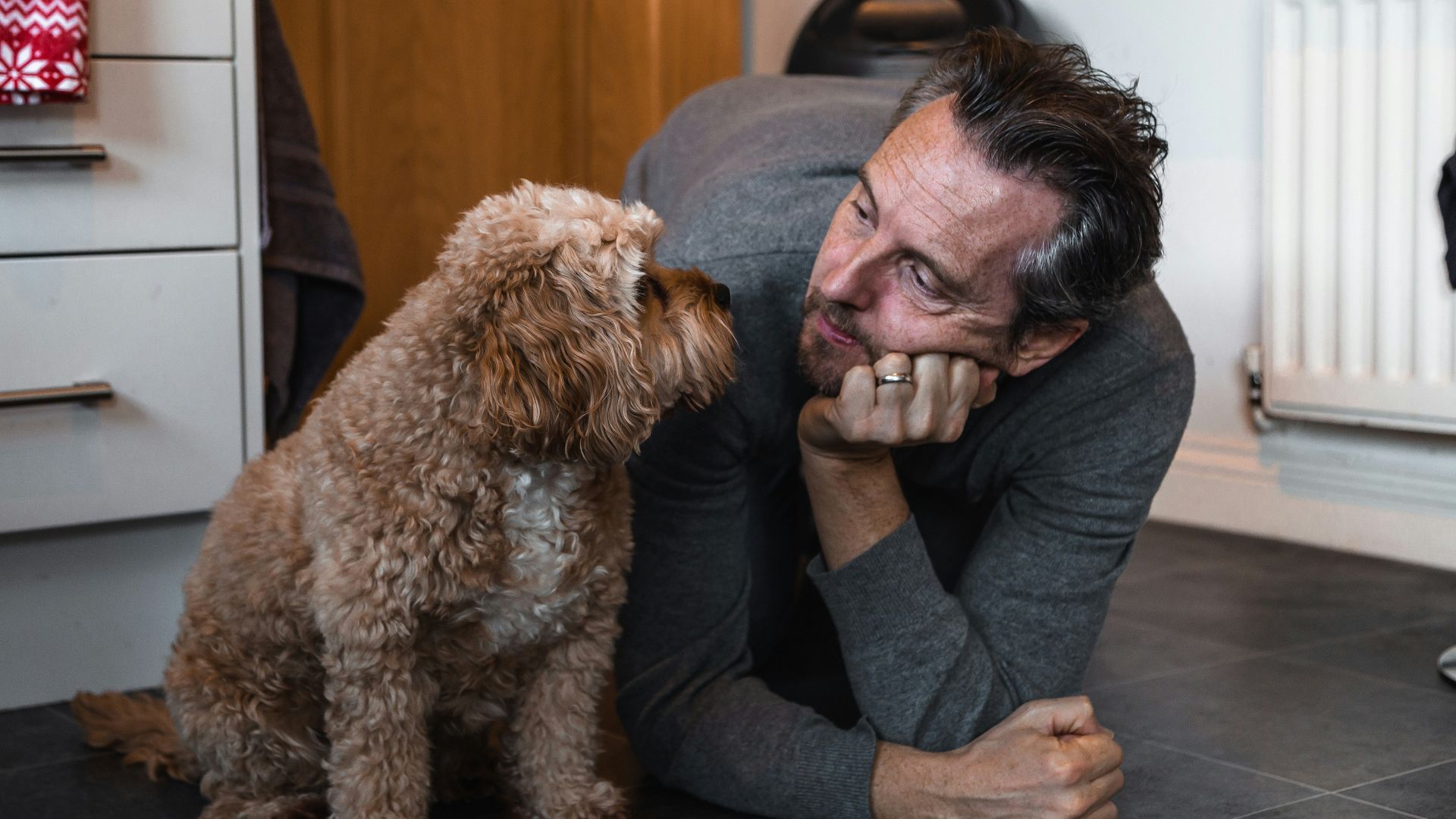 man in black sweater holding brown long coated small dog