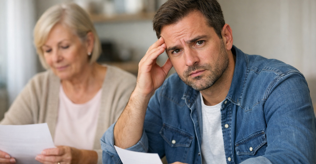 Concerned man and mother reviewing documents