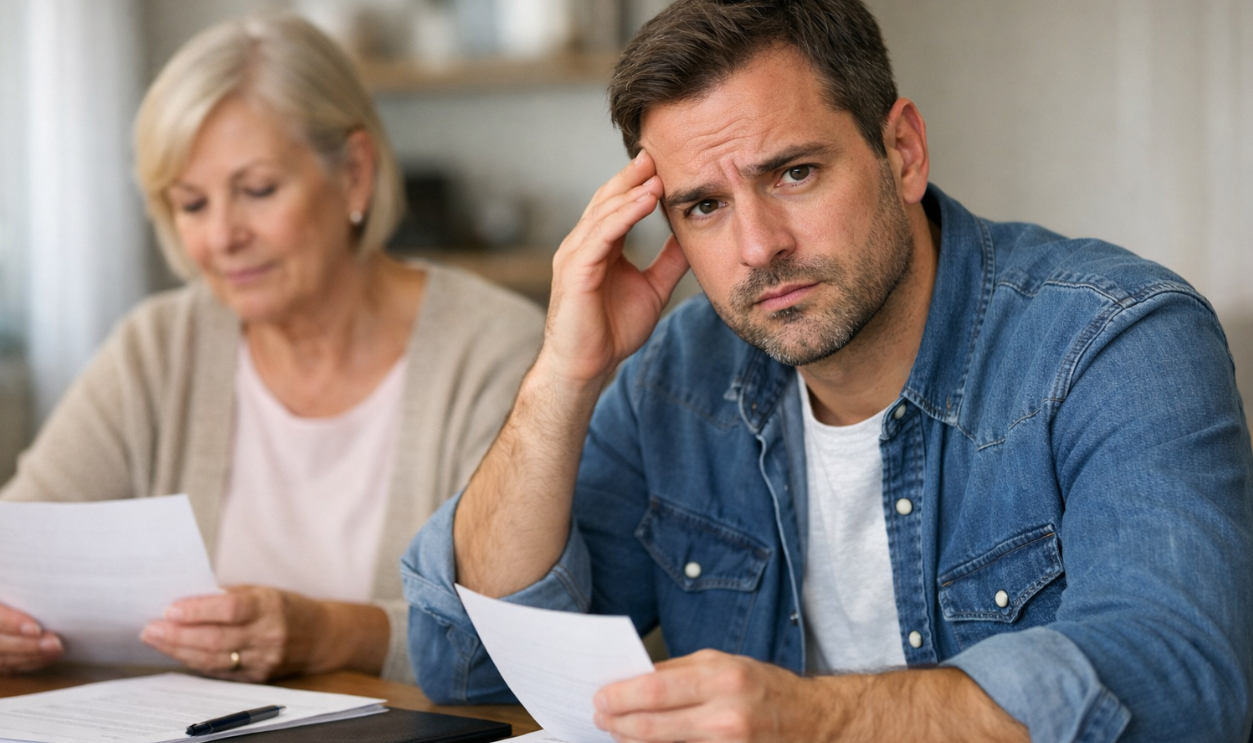 Concerned man and mother reviewing documents