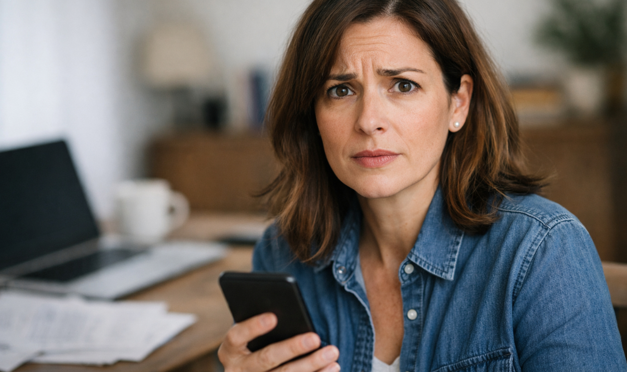 concerned woman holding phone