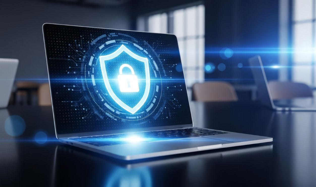 A sleek modern laptop on a dark polished surface with its screen showing a glowing holographic cybersecurity shield and lock icon in neon blue and white. The softly blurred office background with fain
