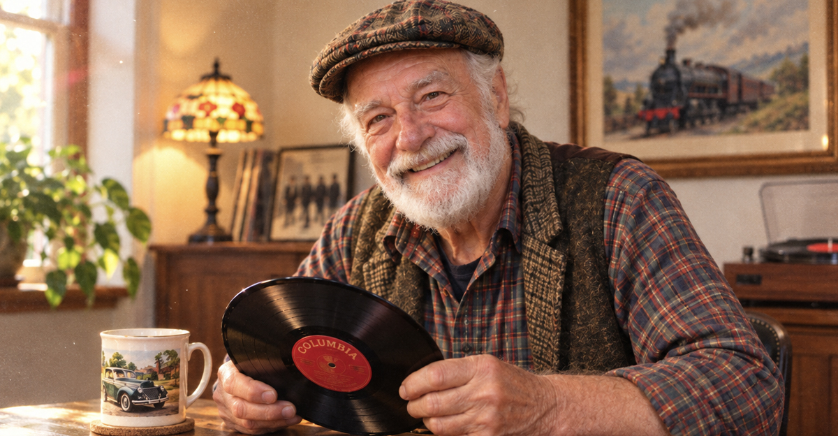 Happy, older, bearded man holding a record and surrounded by his collections.