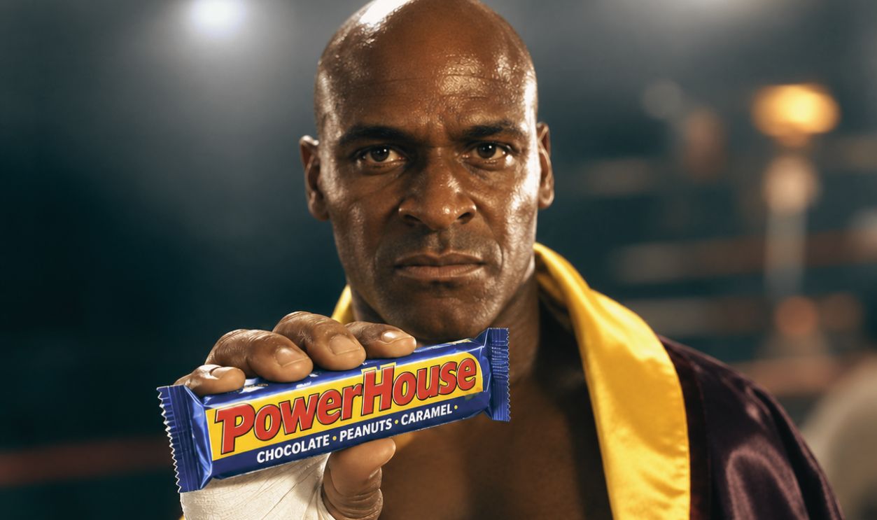 Screenshot from PowerHouse Candy Bar Commercial, Peter Paul Candy Manufacturing Company (1982) 