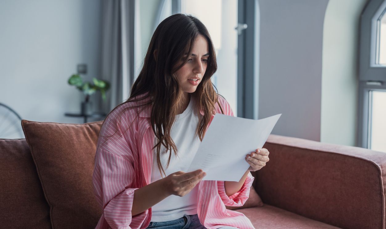 A young woman sits on a couch at home, reading a document with a concerned expression as she reviews a letter, bill or contract. Natural light, casual clothing and calm indoor setting create a relatable moment.
