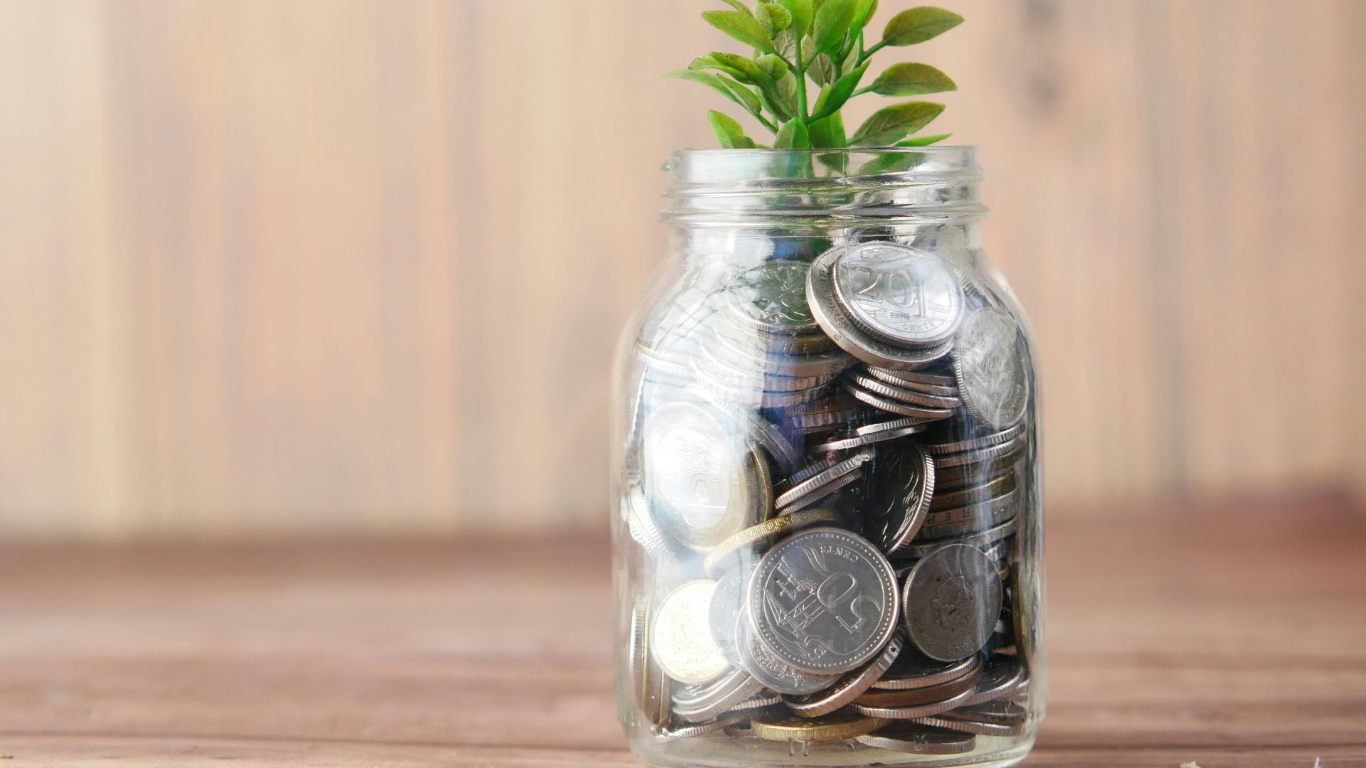 a glass jar filled with coins and a plant