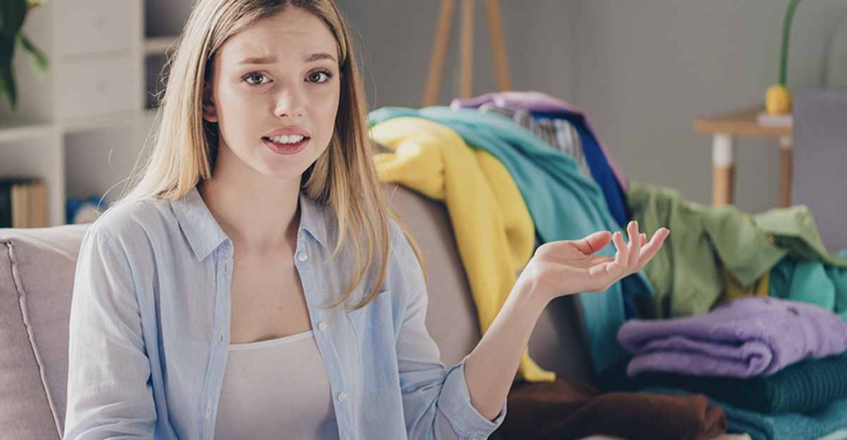 Photo of unsure uncertain girl dressed casual shirt selling old clothes modern device indoors house apartment room