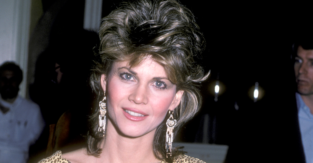 Actress Markie Post with feathered hair leopard print shirt