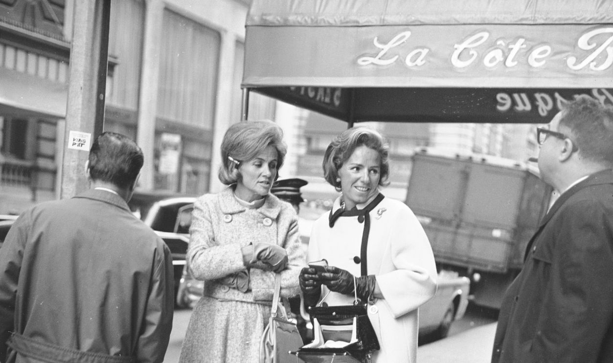Outtake; Ethel Kennedy and friends outside La Cote Basque restaurant on November 2, 1965 in New York..Article title: "The Kennedy Ticket"