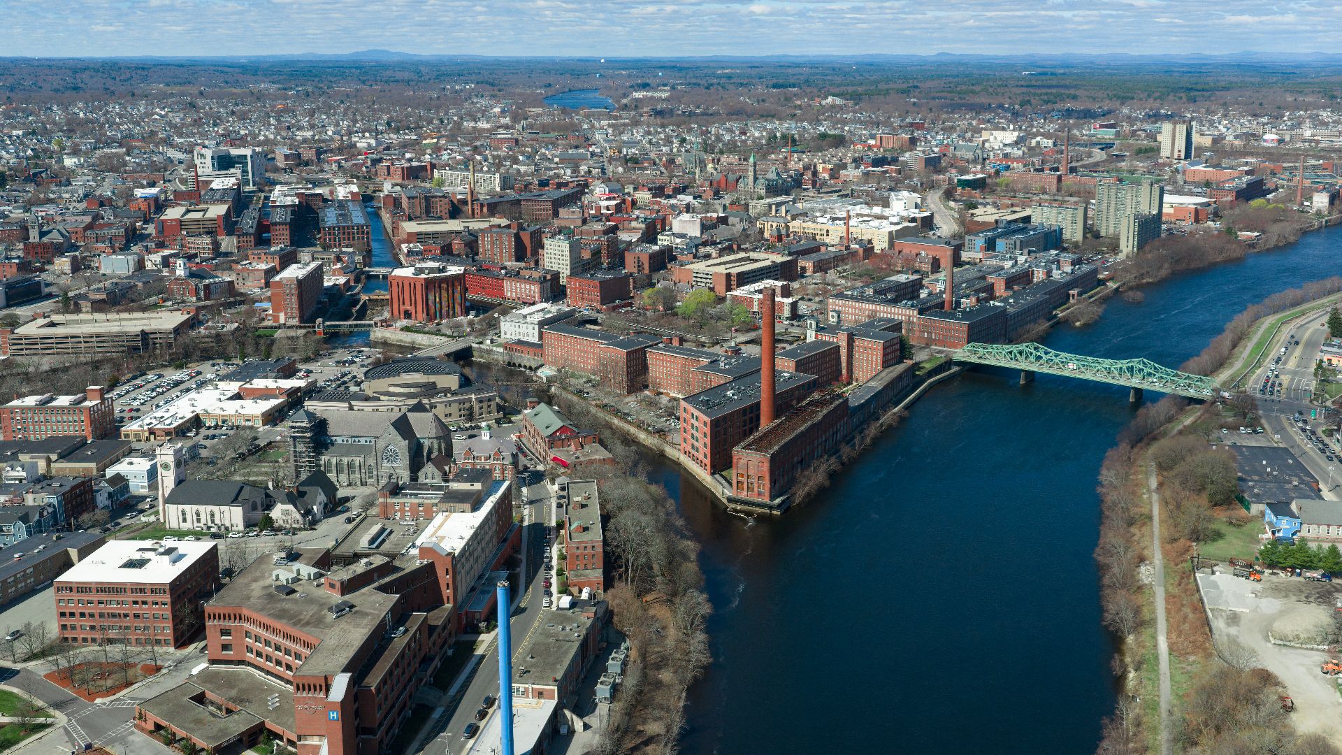 Aerial view of downtown Lowell, Massachusetts (pop. 115,554). In the 1800's the city became known as the cradle of the American Industrial Revolution because of its textile mills and factories.