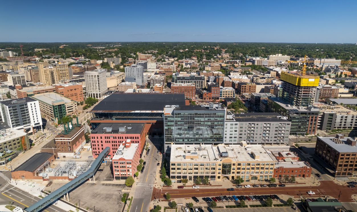 Aerial view of downtown Grand Rapids, is second largest metropolitan area in entire Michigan state.